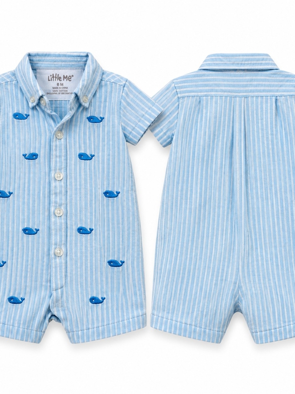 Little Me Light Blue & Navy Striped Whale Short-Sleeve One-Piece